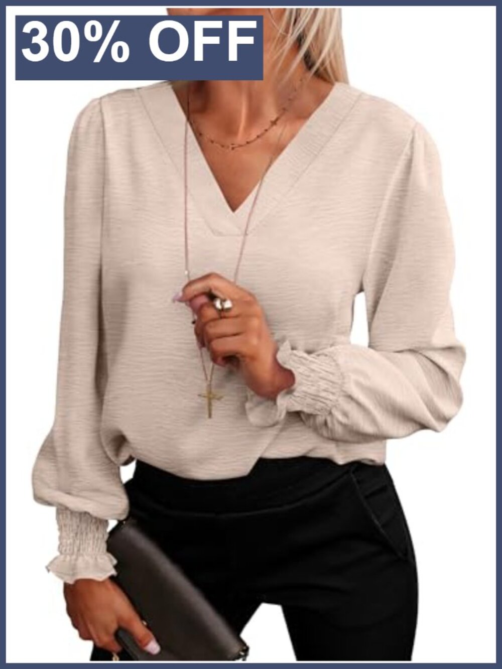 Women's Business Casual Blouse Puff Long Sleeve V-Neck Dressy Top